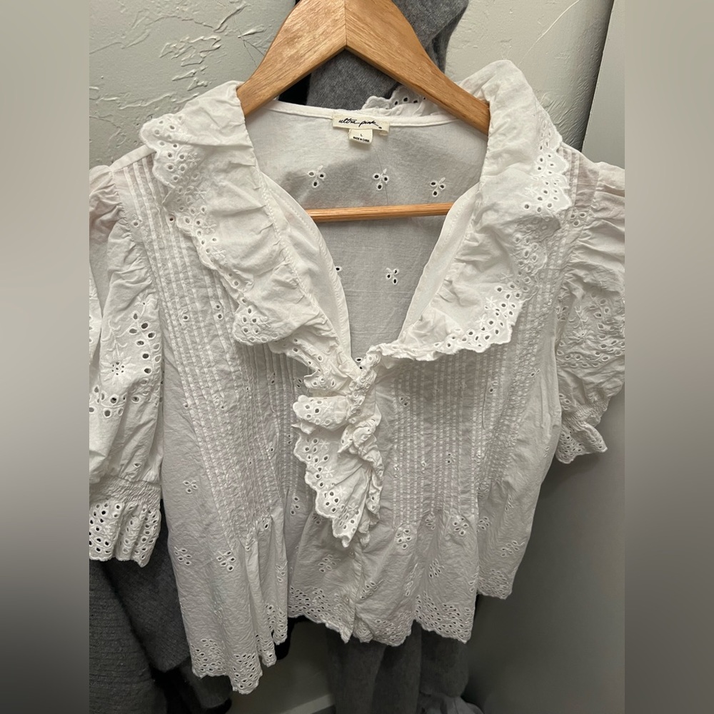 Ultra Pink White Eyelet Ruffle Blouse Doen Inspired